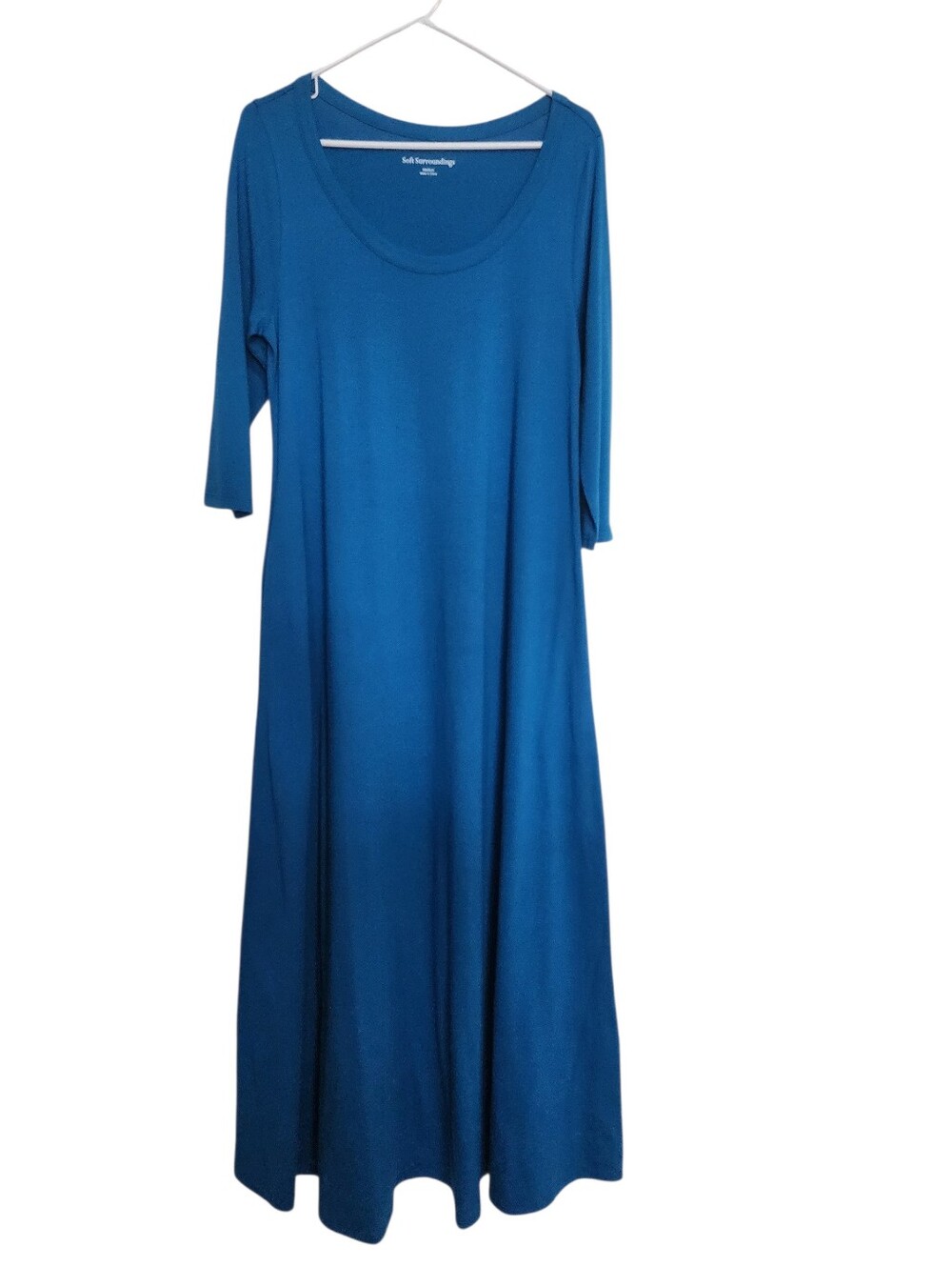 Soft Surroundings Teal Blue Maxi Dress Scoop Neckline 2 Pockets Cotton Blend Med